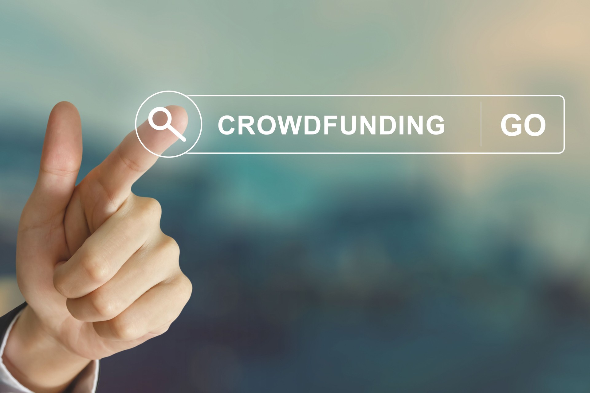 business hand clicking crowdfunding button on search toolbar