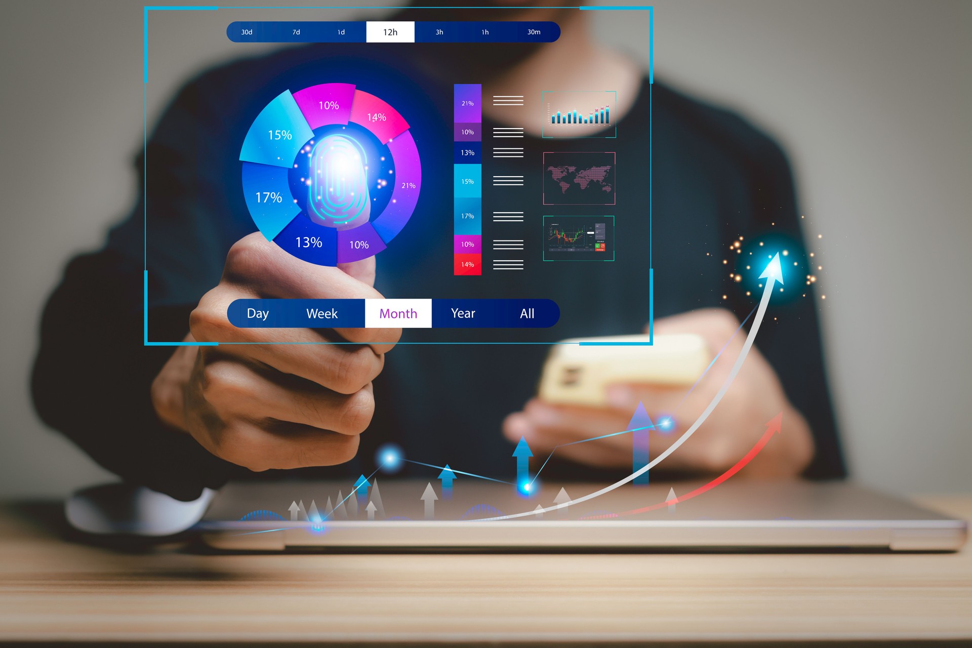 businessman working with business Analytics and Data Management System on computer, online document management and metrics connected to database. Corporate strategy for finance, operations, sales.