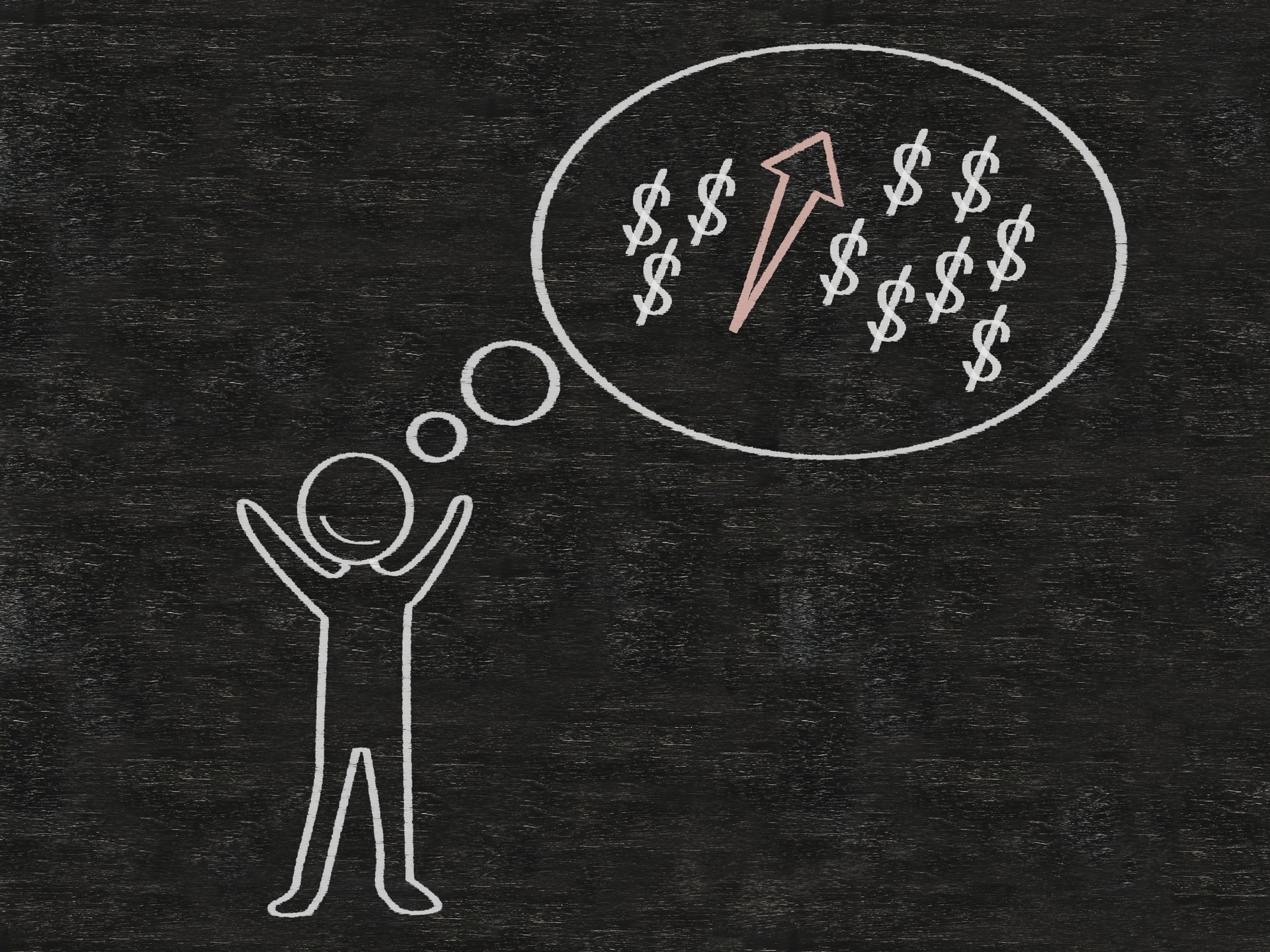 man with think bubble to money up written on blackboard